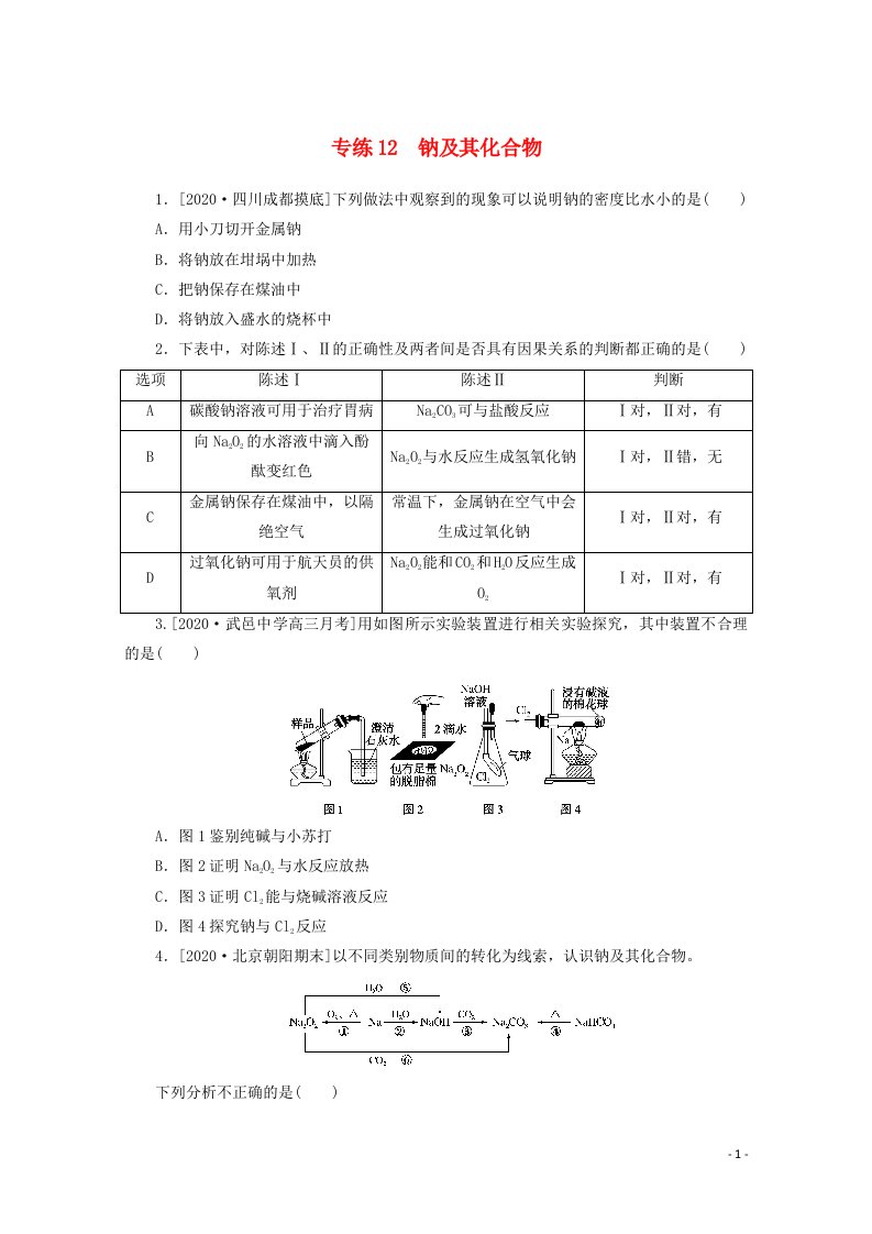 2021高考化学一轮复习专练12钠及其化合物含解析新人教版