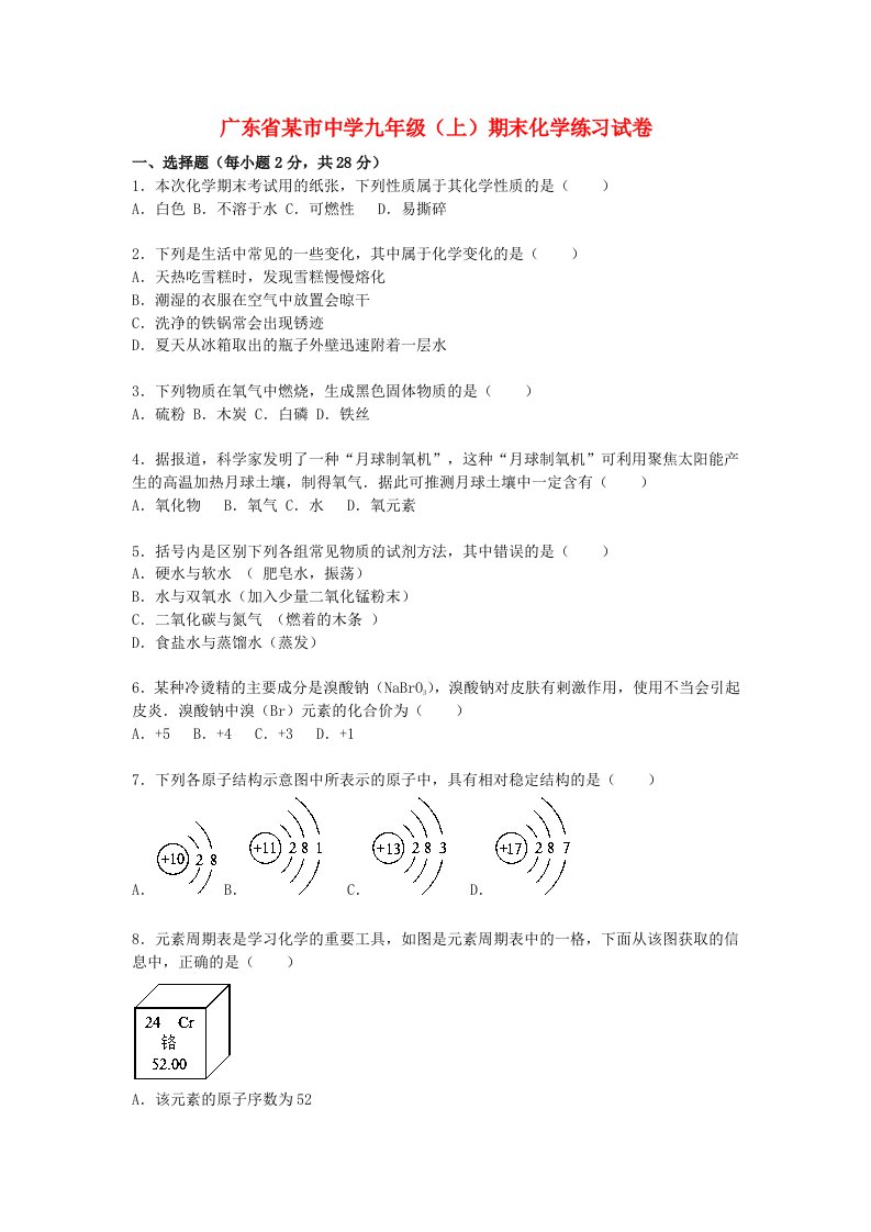 广东省某市中学九级化学上学期期末练习试题（含解析）