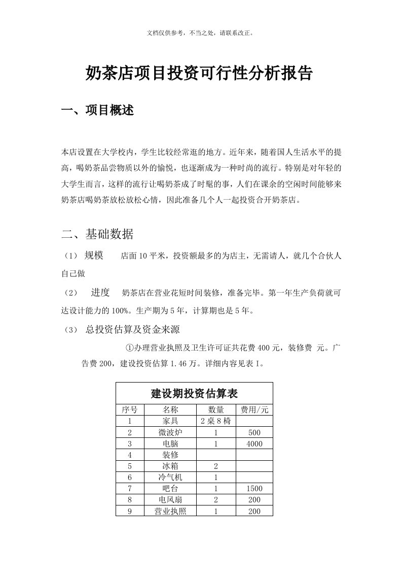 奶茶店项目投资可行性分析报告