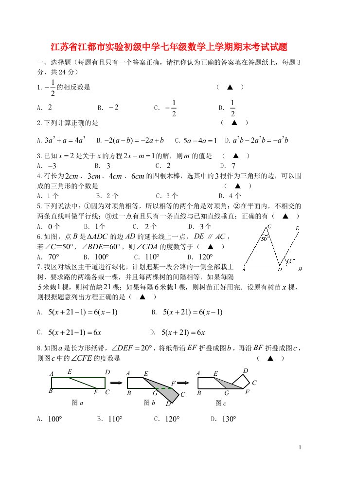 江苏省江都市实验初级中学七级数学上学期期末考试试题