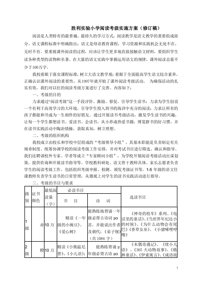 实验小学课外阅读考级方案