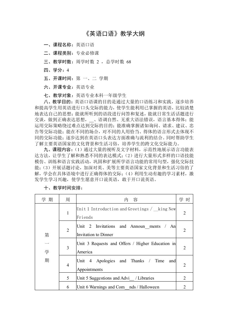 英语口语4教学大纲