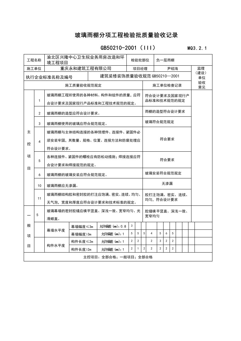 玻璃雨棚分项工程检验批质量验收记录