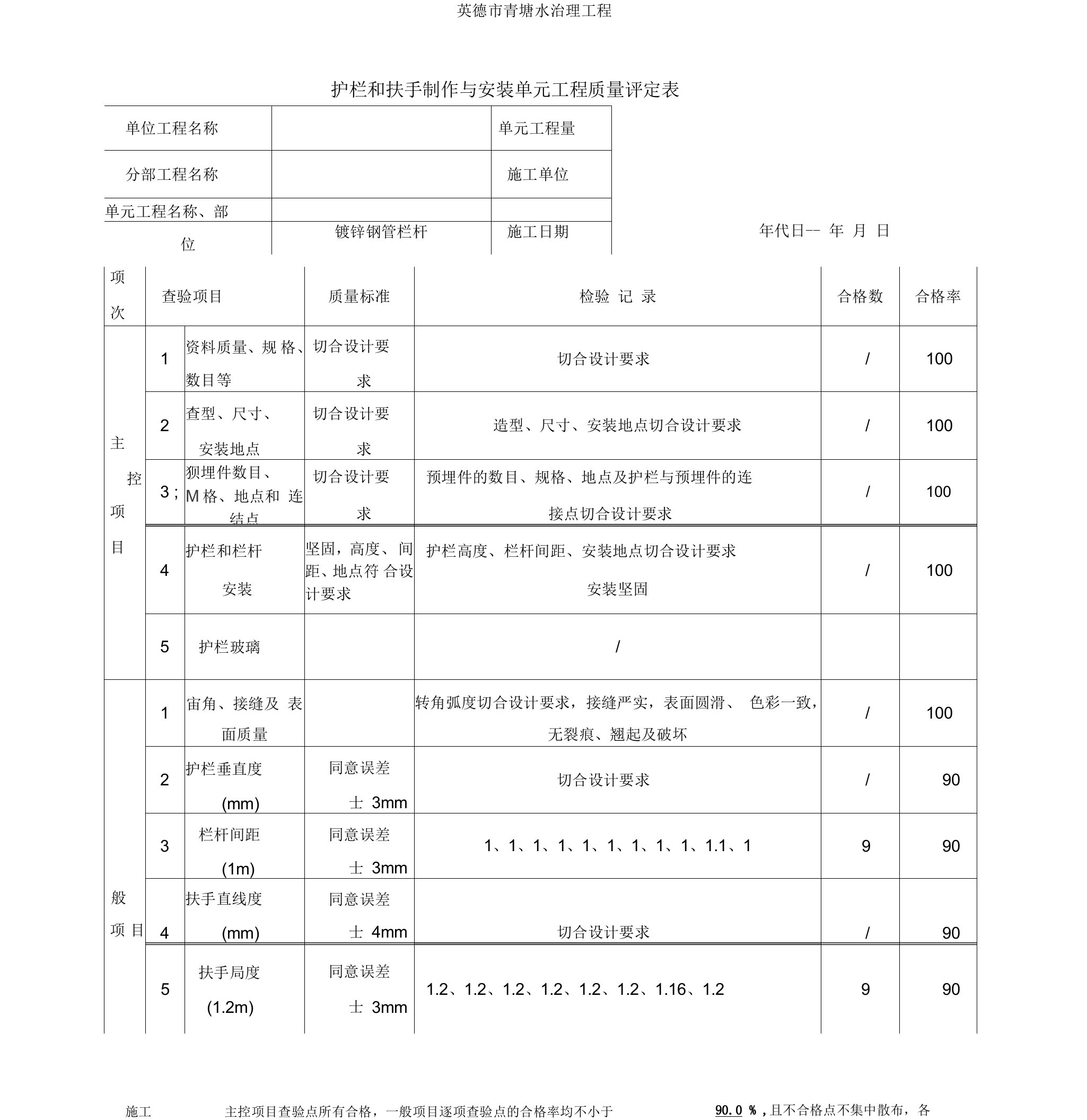 镀锌钢管栏杆施工质量验收评定表格