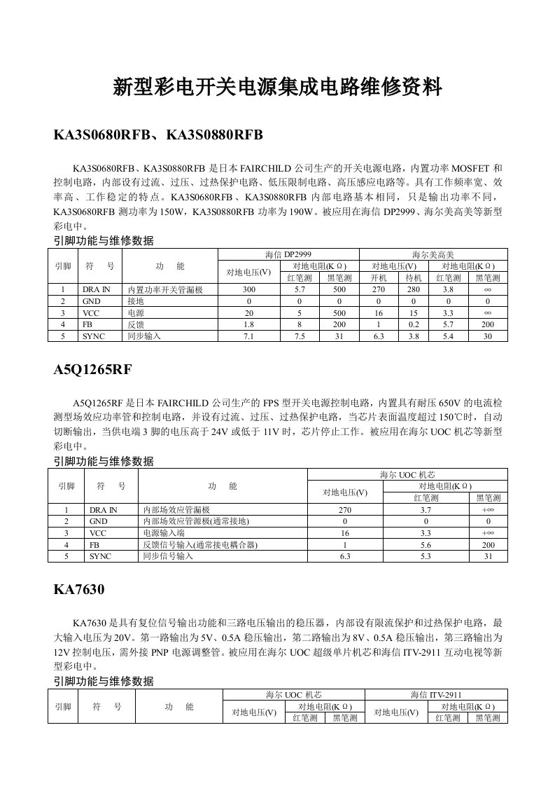 新型彩电开关电源集成电路维修资料