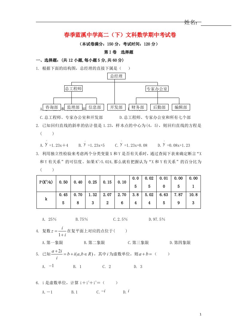 福建省安溪蓝溪中学高二数学下学期期中试题