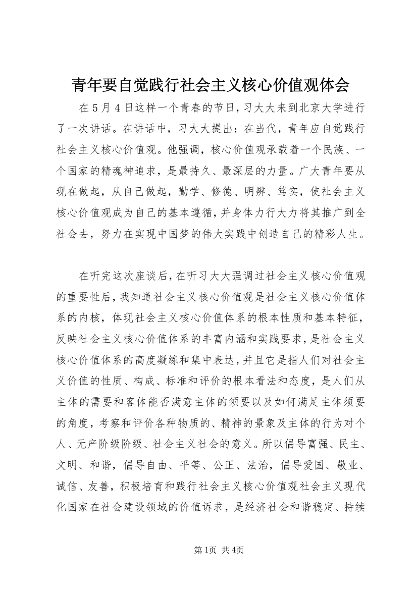 青年要自觉践行社会主义核心价值观体会