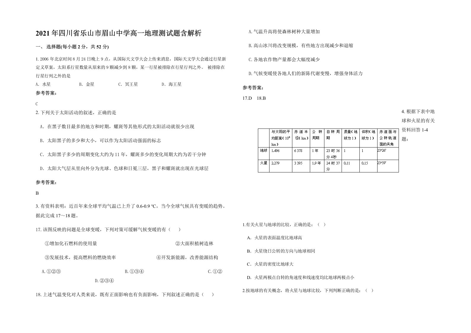 2021年四川省乐山市眉山中学高一地理测试题含解析