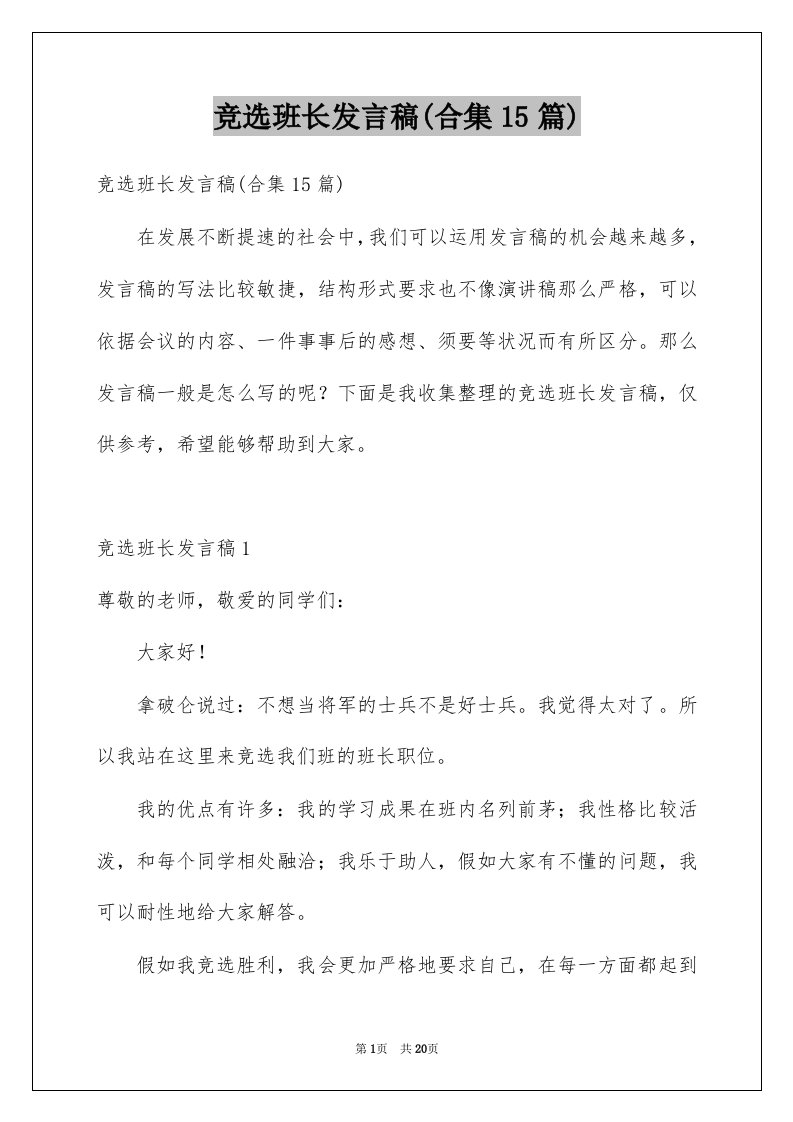 竞选班长发言稿合集15篇例文3