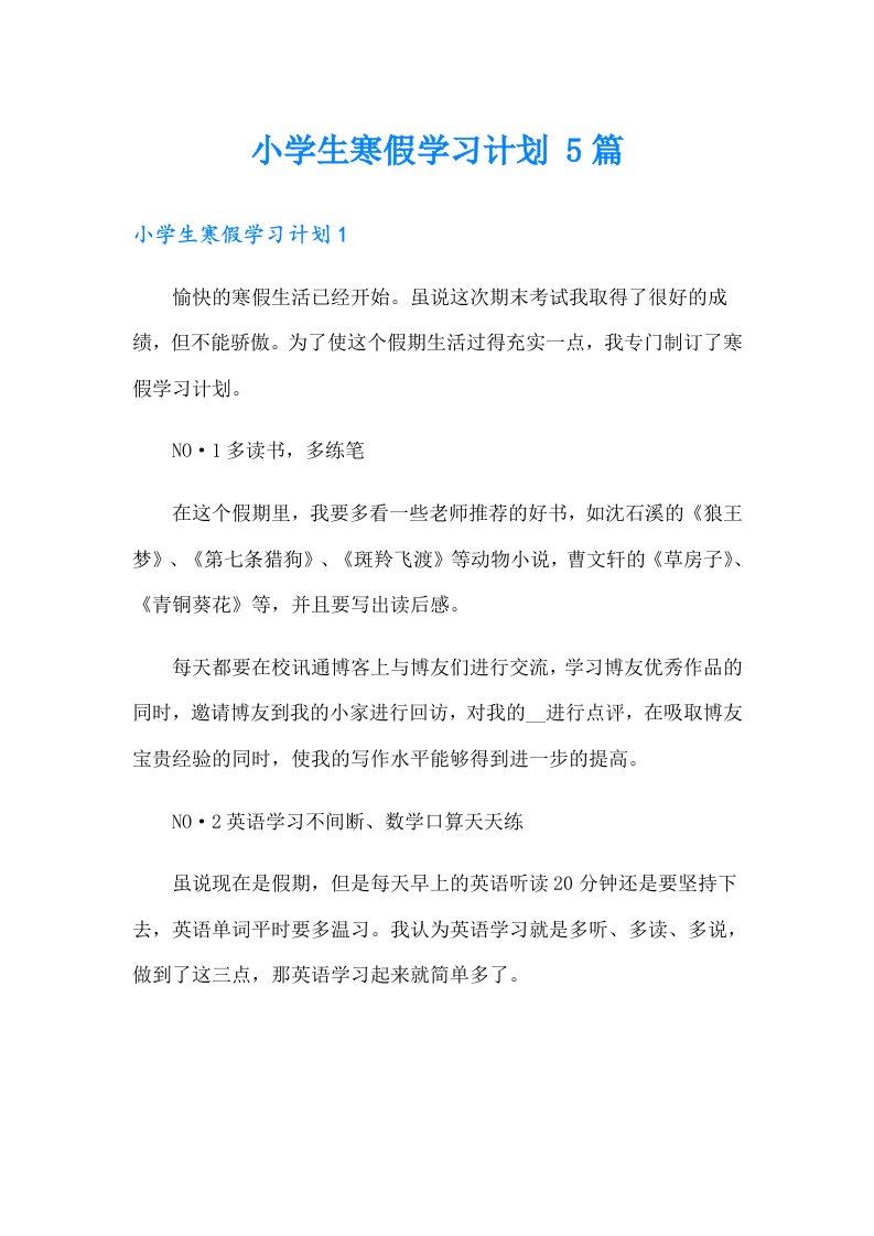 小学生寒假学习计划