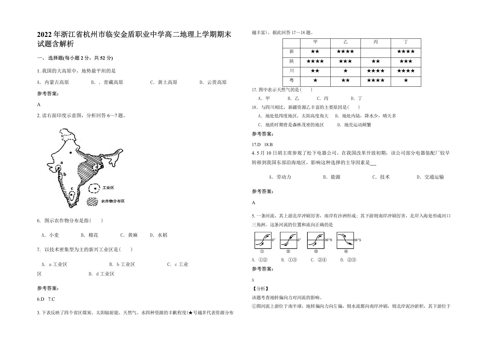 2022年浙江省杭州市临安金盾职业中学高二地理上学期期末试题含解析