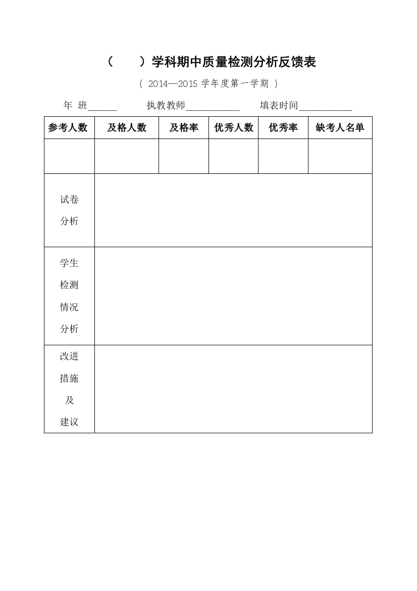 单学科期中质量检测分析反馈表