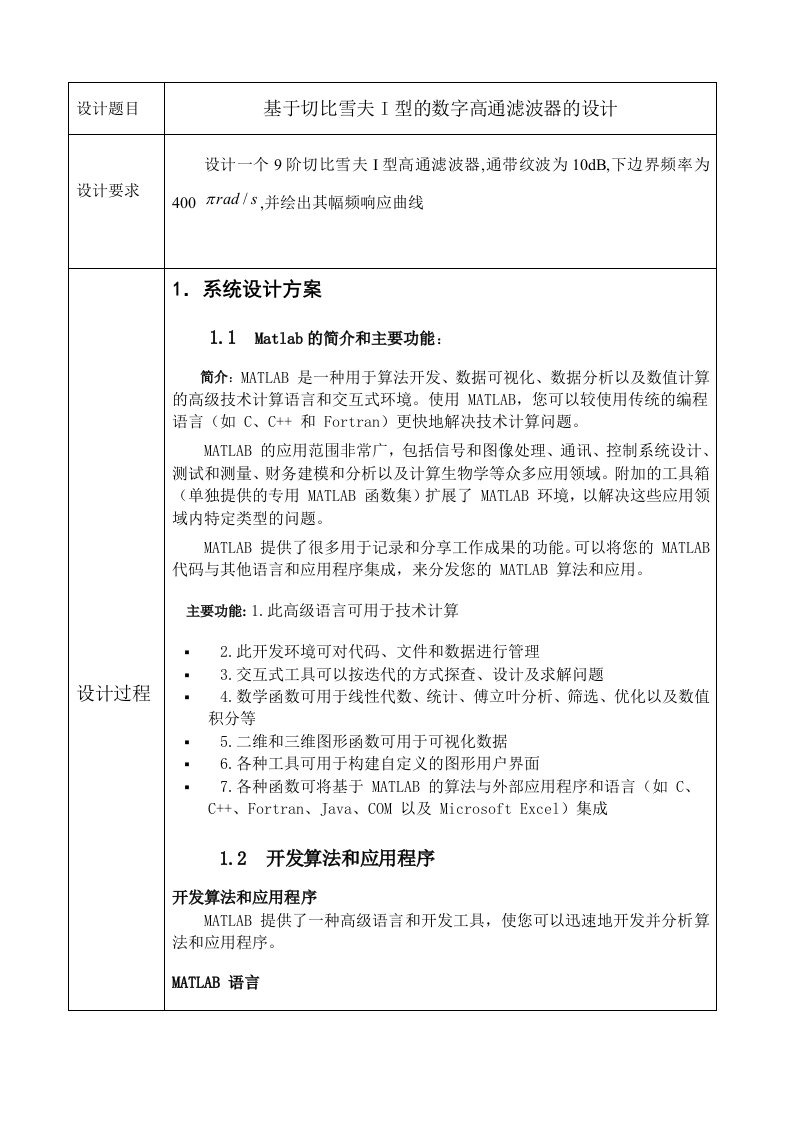 课程设计（论文）-基于切比雪夫I型的高通滤波器设计Matlab