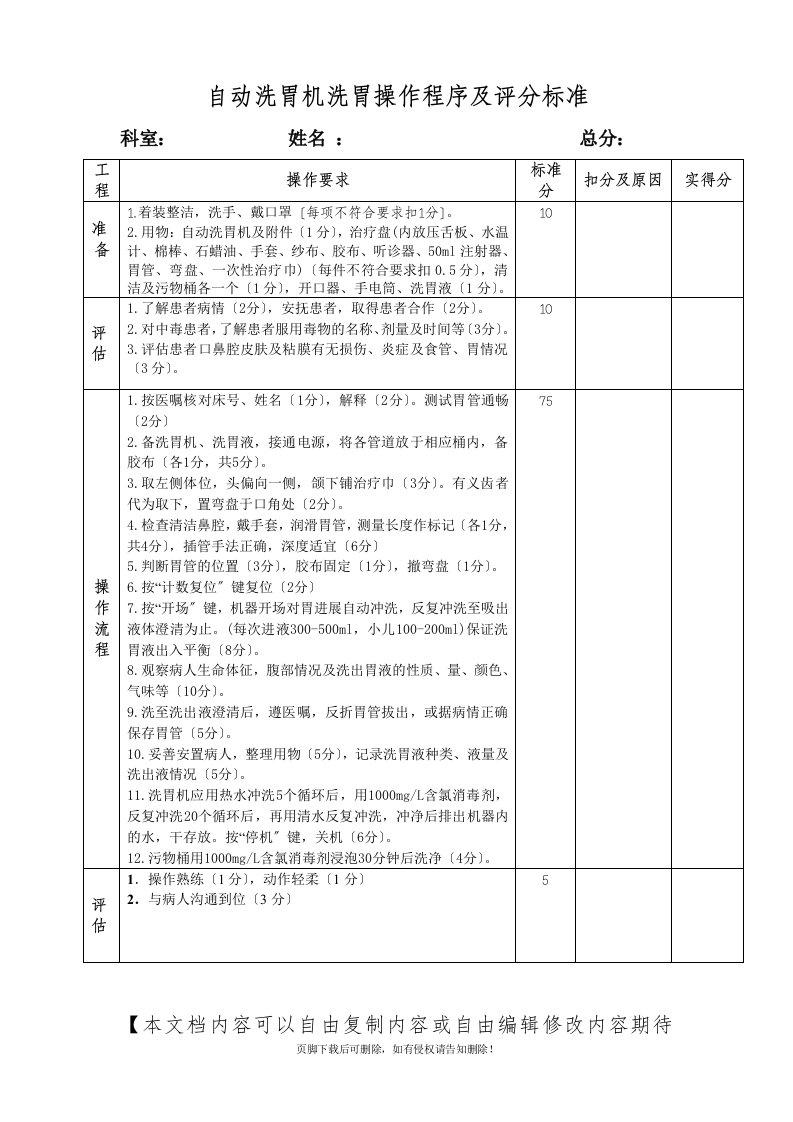 自动洗胃机洗胃操作程序及评分标准