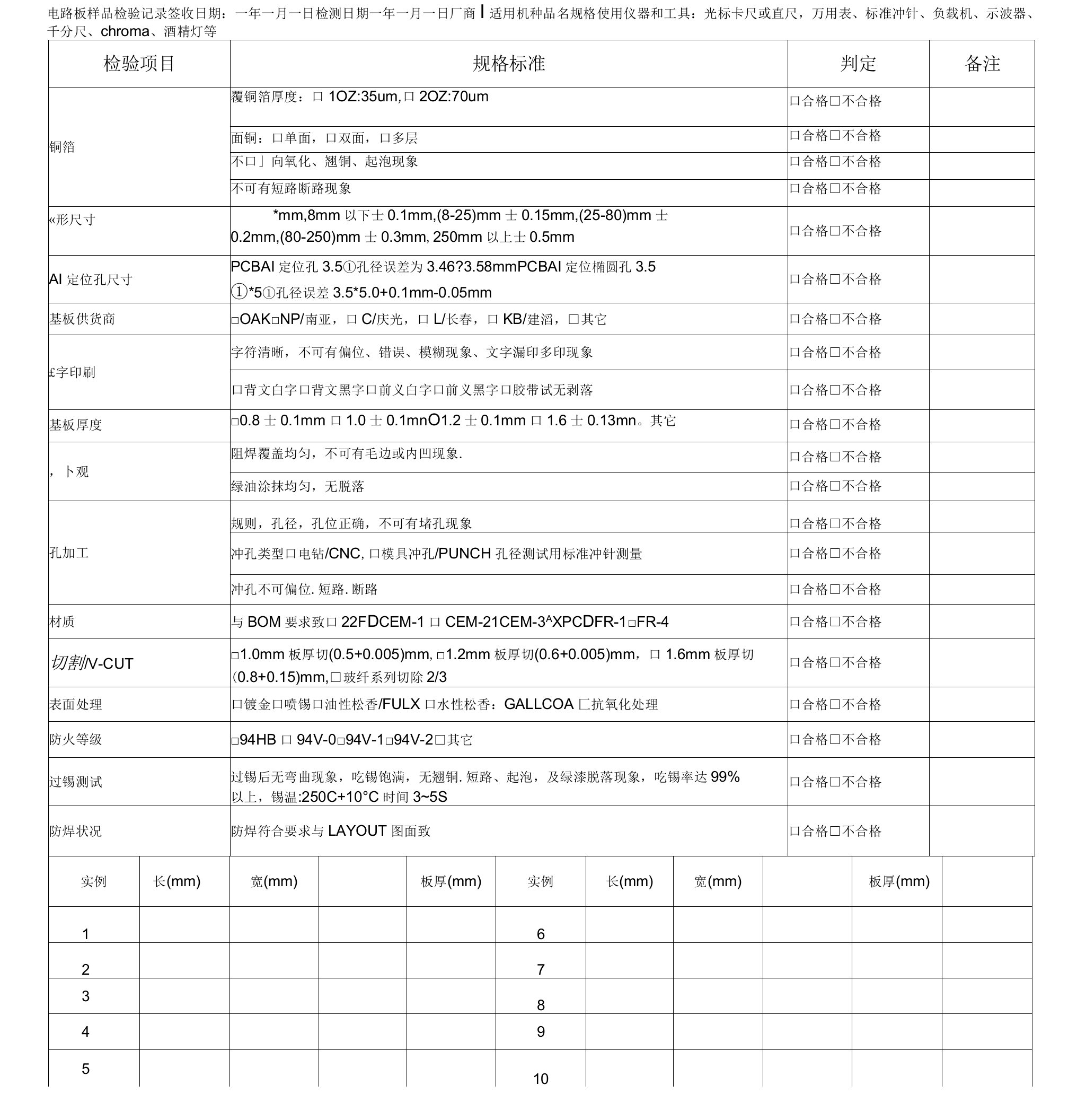 PCB板检验记录表