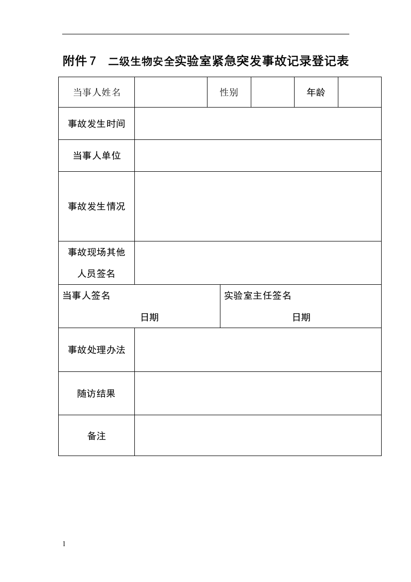 二级生物安全实验室紧急突发事故记录登记表