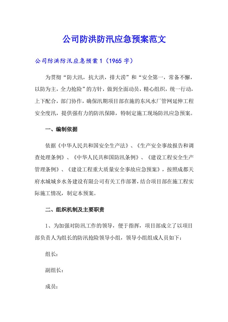 公司防洪防汛应急预案范文