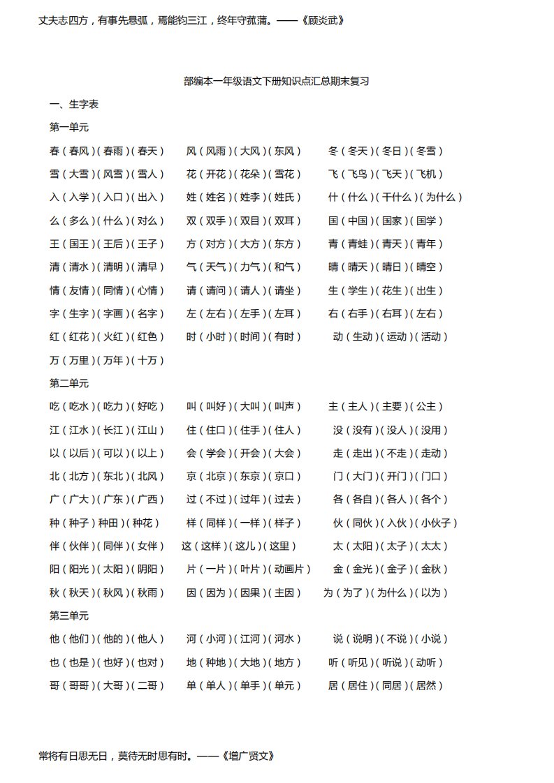 一年级语文下册知识点汇总复习