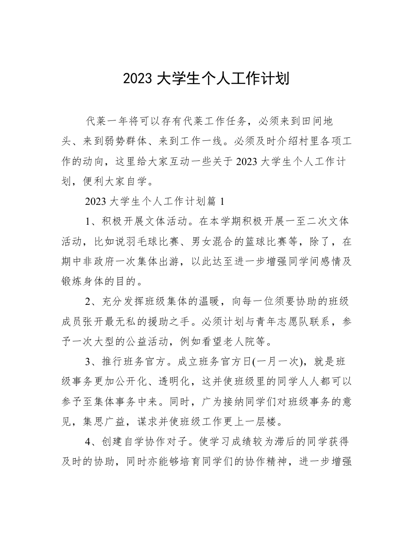 2023大学生个人工作计划