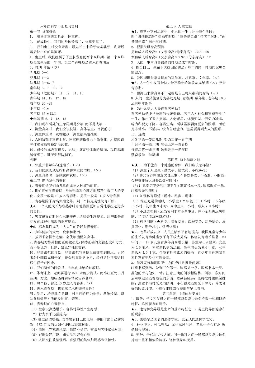 苏教版六年级科学下册复习资料