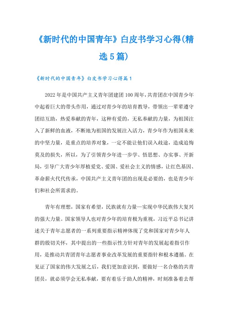 《新时代的中国青年》白皮书学习心得(精选5篇)