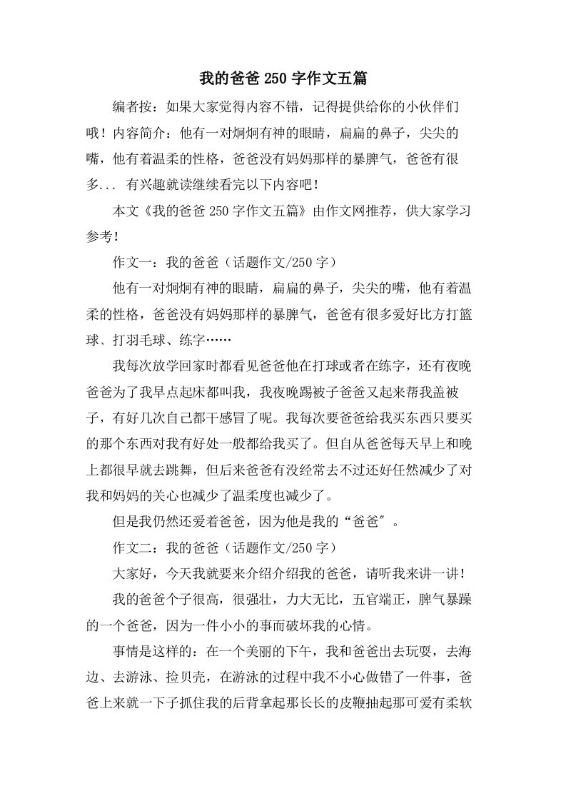 我的爸爸250字作文五篇