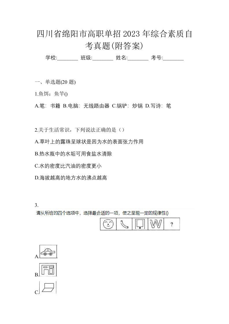 四川省绵阳市高职单招2023年综合素质自考真题附答案