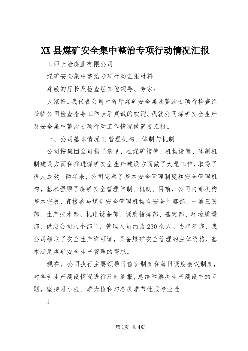 XX县煤矿安全集中整治专项行动情况汇报