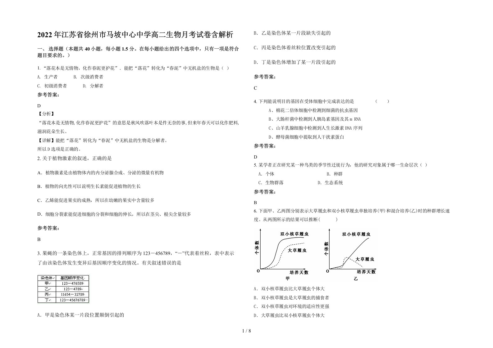 2022年江苏省徐州市马坡中心中学高二生物月考试卷含解析