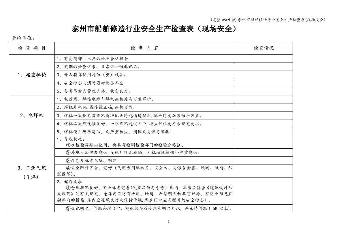 泰州市船舶修造行业安全生产检查表(现场安全)