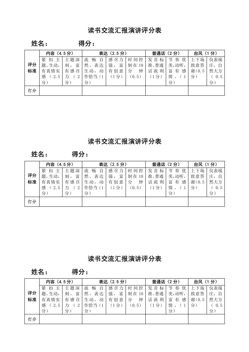 读书交流汇报演讲评分表