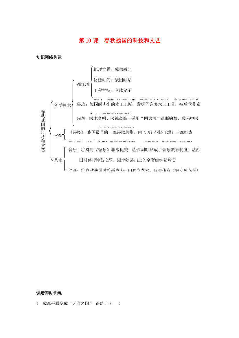 七年级历史上册《春秋战国的科技和文艺》同步练习