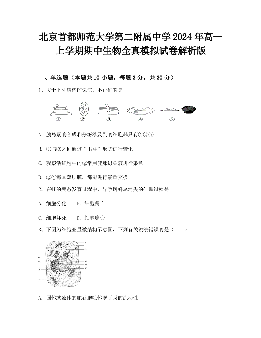 北京首都师范大学第二附属中学2024年高一上学期期中生物全真模拟试卷解析版