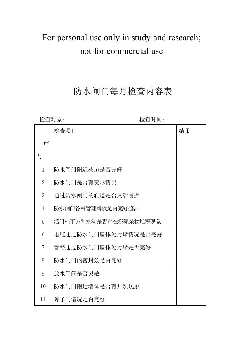 防水闸门每月检查表