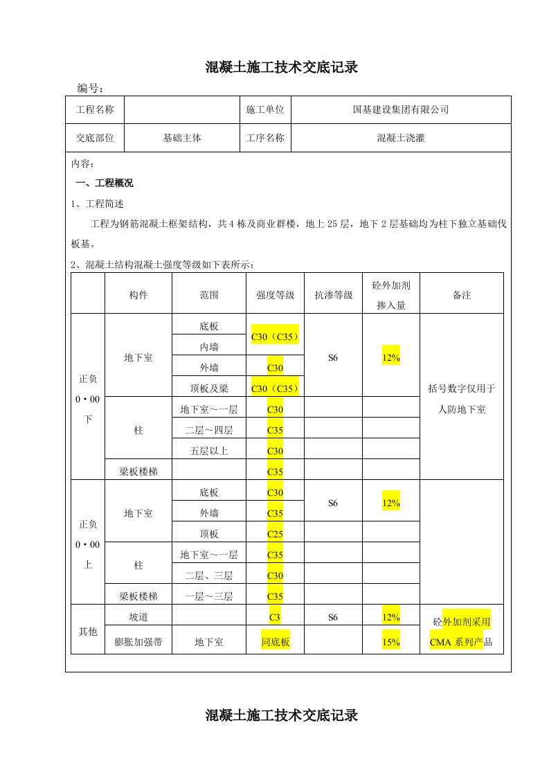 混凝土施工技术交底记录