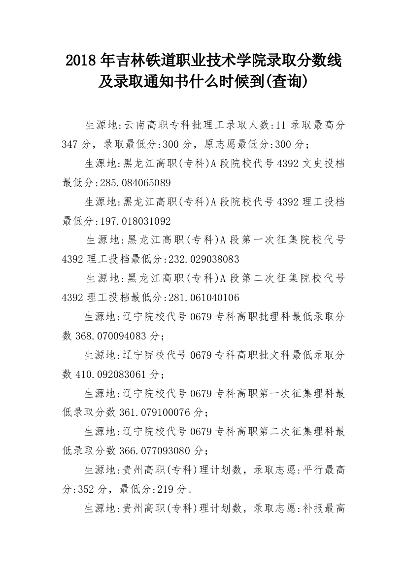 2018年吉林铁道职业技术学院录取分数线及录取通知书什么时候到(查询)