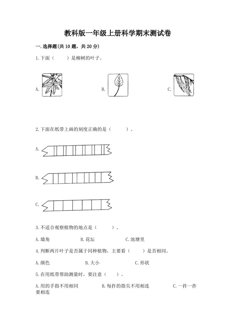 教科版一年级上册科学期末测试卷（考点梳理）