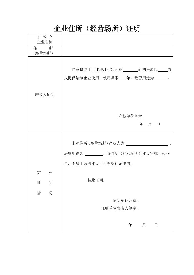 企业住所（经营场所）证明