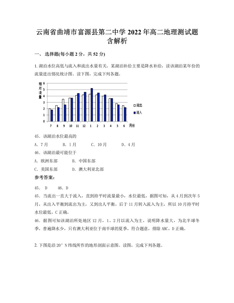 云南省曲靖市富源县第二中学2022年高二地理测试题含解析