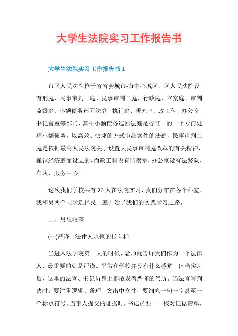 大学生法院实习工作报告书