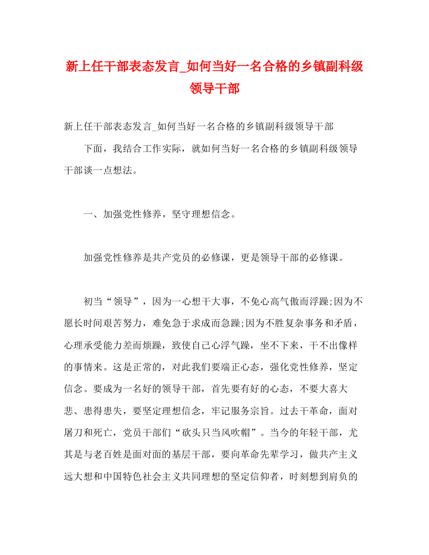 精编之新上任干部表态发言_如何当好一名合格的乡镇副科级领导干部