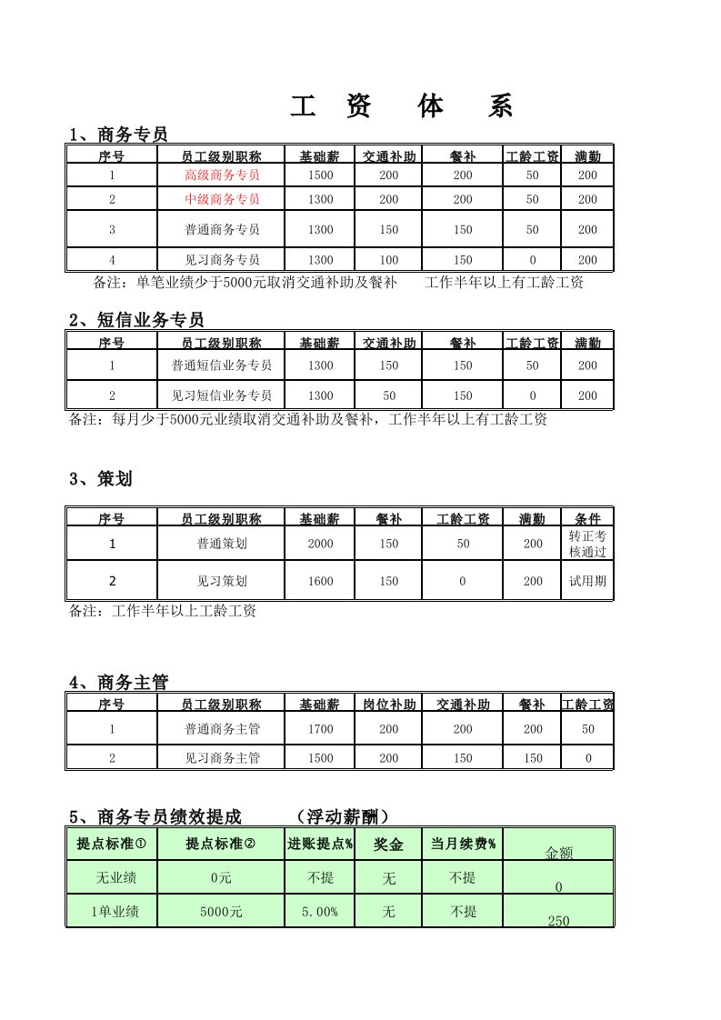 商务策划工资体系