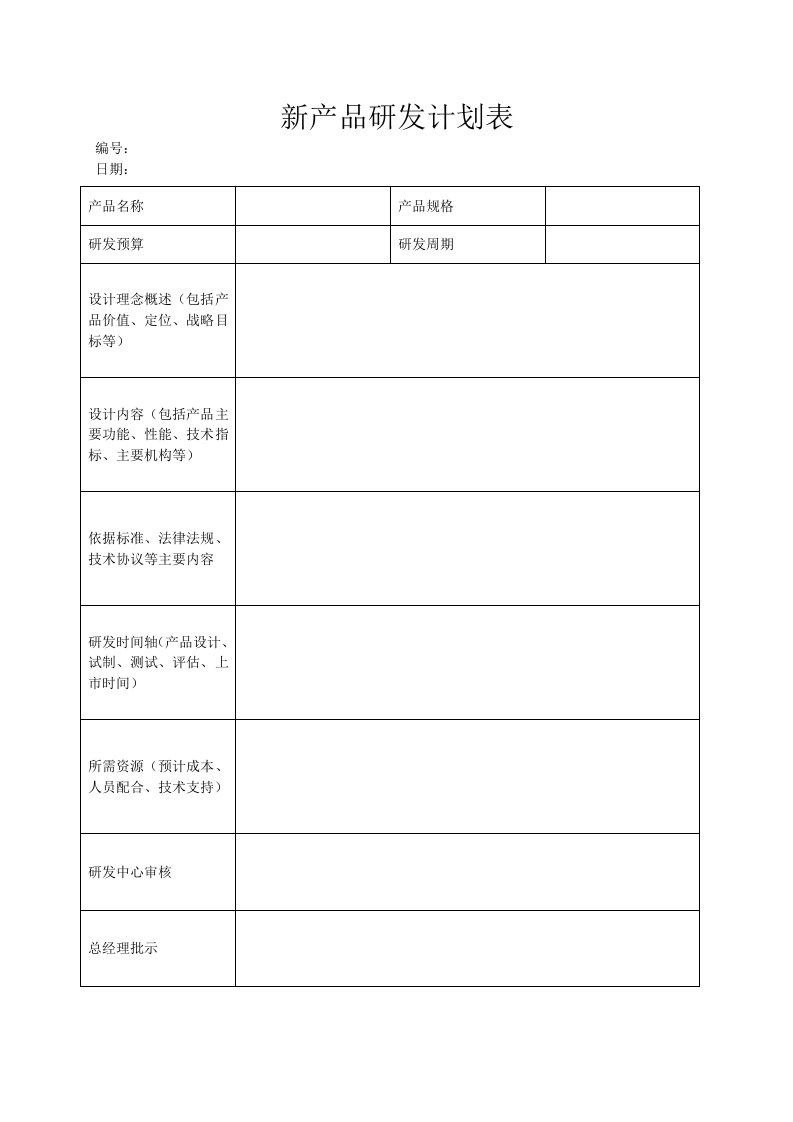 新产品研发计划表