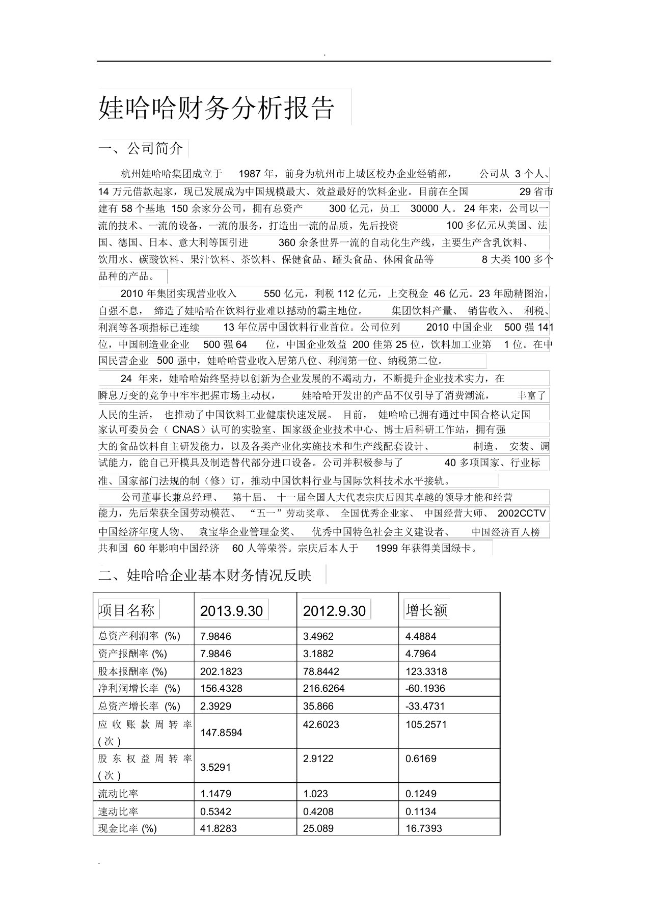 娃哈哈企业财务解析总结报告