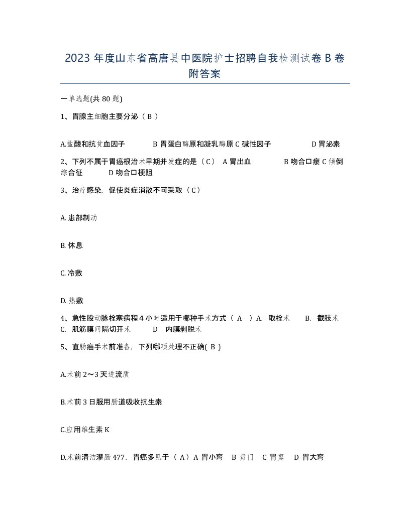 2023年度山东省高唐县中医院护士招聘自我检测试卷B卷附答案