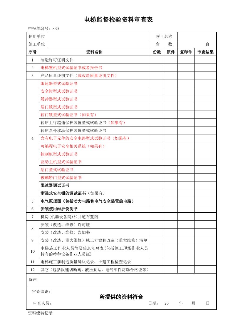 电梯监督检验资料审查表