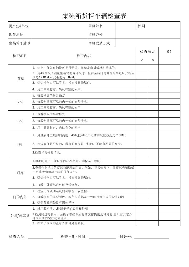 集装箱货柜车辆检查表