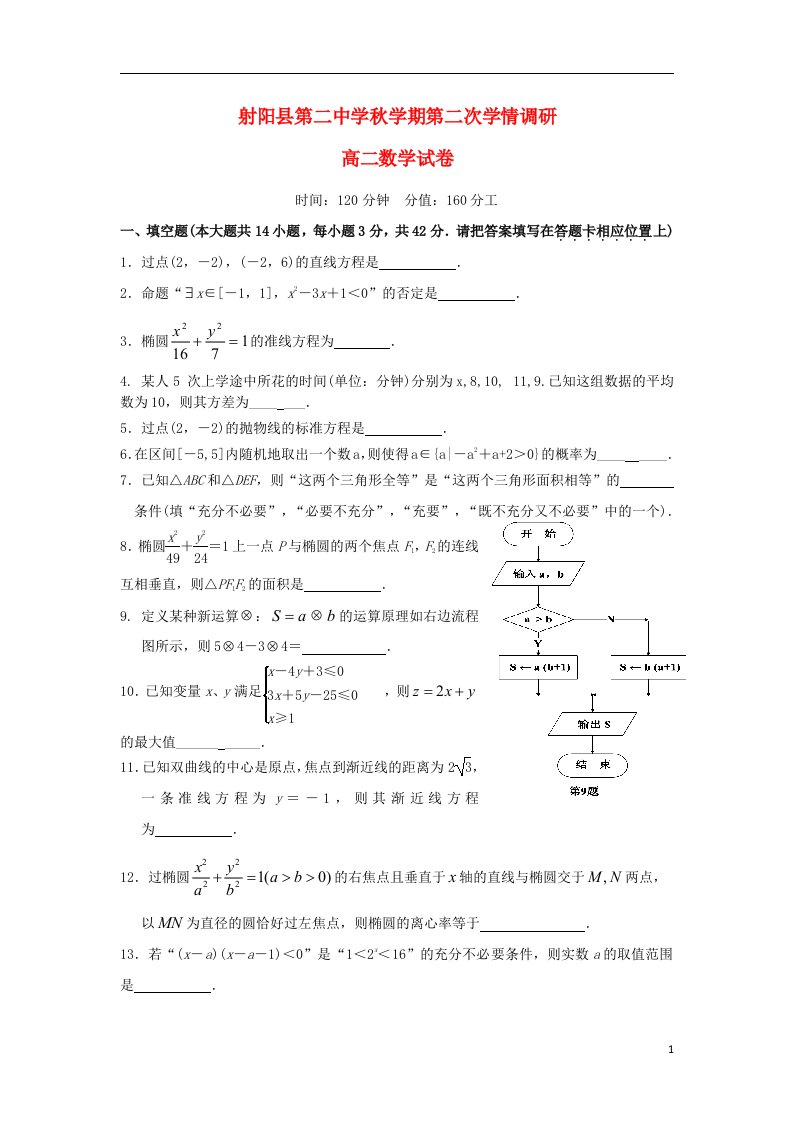 江苏省射阳县第二中学高二数学上学期第二次学情调研考试试题