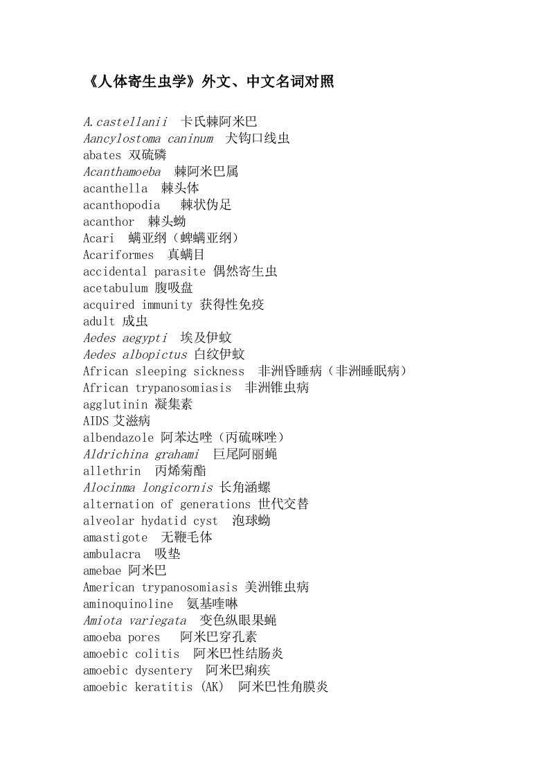 人体寄生虫学外文、中文名词对照