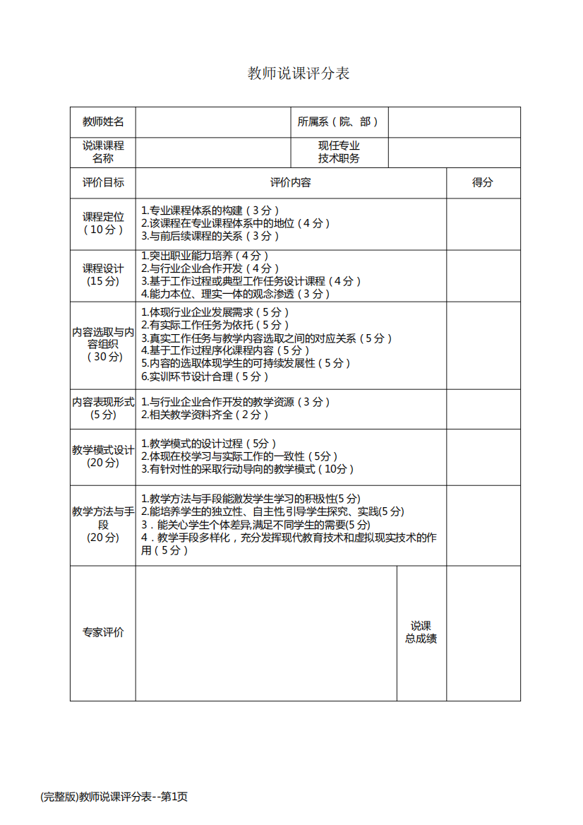 (完整版)教师说课评分表